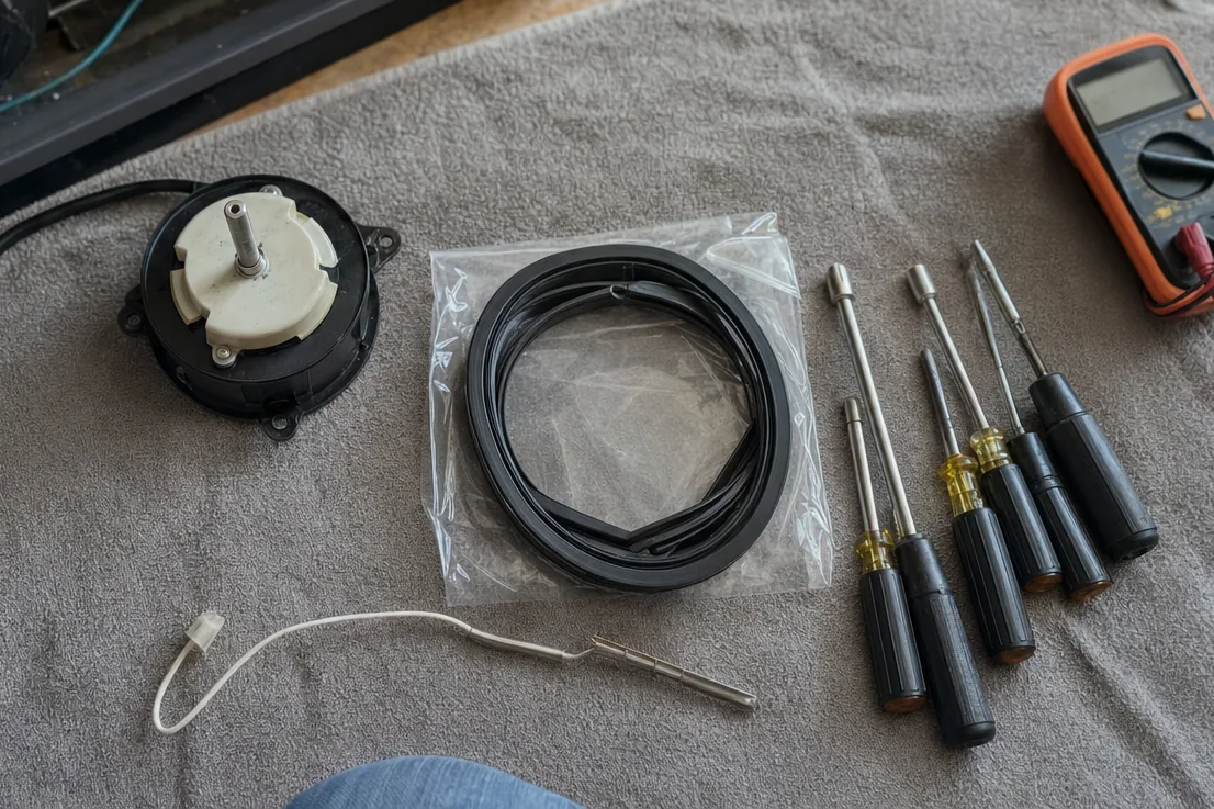 Screwdriver handles in a row on a folded service cloth, an opened appliance panel behind them