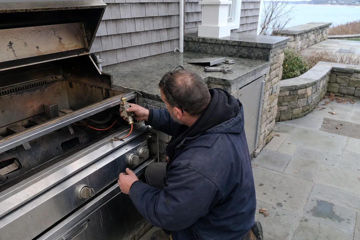 A stainless built-in grill open on a stone patio, its burners and heat plates visible, the technician reaching inside